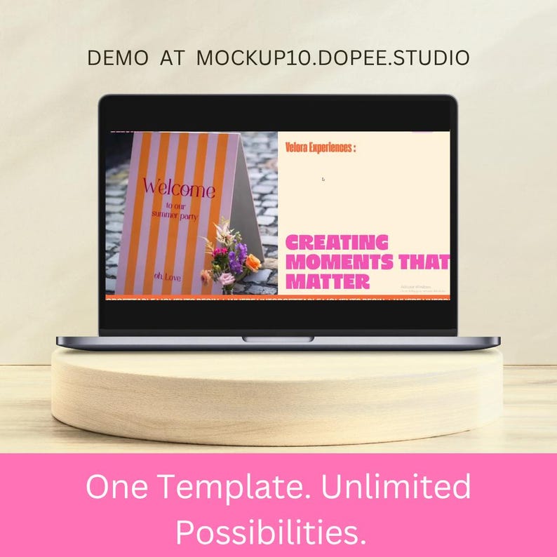 May include: A laptop screen displaying a digital design template with the text DEMO AT MOCKUP10.DOPEE.STUDIO at the top. The screen shows a graphic with orange stripes, the text Welcome to our summer party, and Velora Experiences: CREATING MOMENTS THAT MATTER.