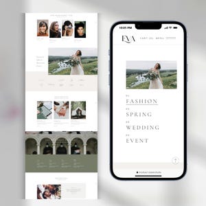 May include: A smartphone and laptop displaying website mockups. The smartphone shows a website with the text "EVA", "FASHION", "SPRING", "WEDDING", and "EVENT". The laptop shows a website with photos and text.