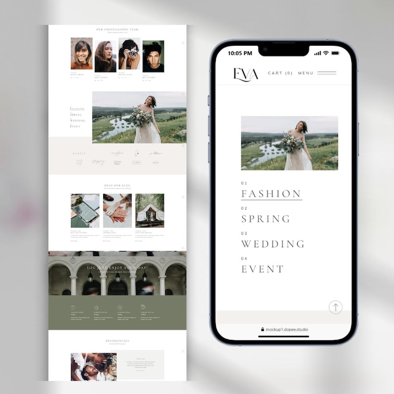 May include: A smartphone and laptop displaying website mockups. The smartphone shows a website with the text "EVA", "FASHION", "SPRING", "WEDDING", and "EVENT". The laptop shows a website with photos and text.