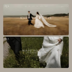 May include: Website design with a wedding theme. The top image shows a blurred couple walking in a field with the text "MADE WITH LOVE." The bottom image shows a bride with the text "MADE FOR YOU."