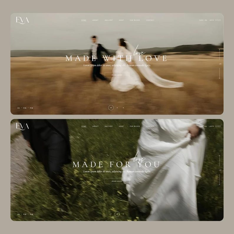 May include: Website design with a wedding theme. The top image shows a blurred couple walking in a field with the text "MADE WITH LOVE." The bottom image shows a bride with the text "MADE FOR YOU."