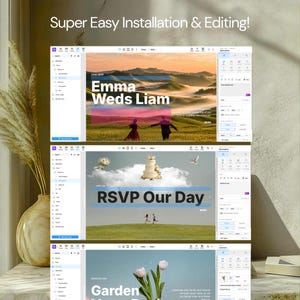 May include: Screenshots of a wedding invitation design software interface. The text "Super Easy Installation & Editing!" is at the top. The designs include "Emma Weds Liam", "RSVP Our Day", and "Garden".