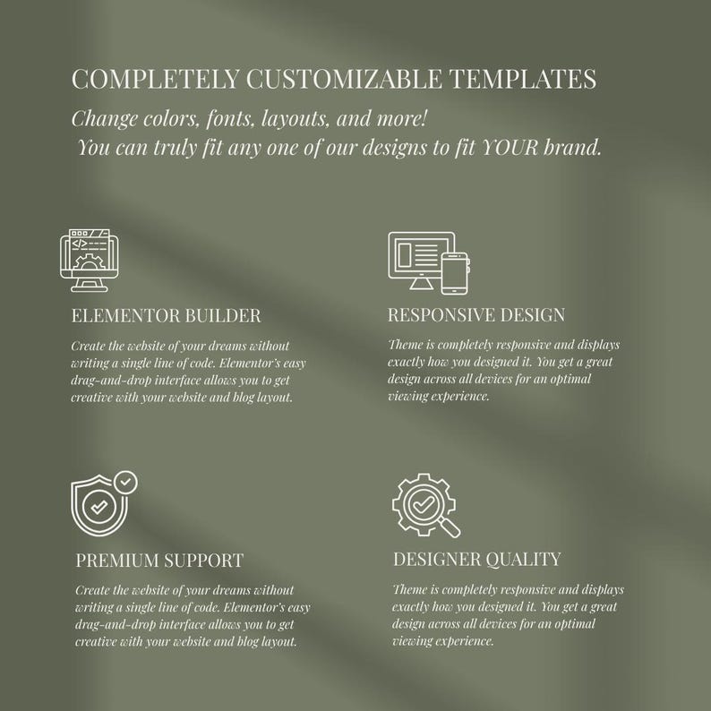 May include: A green graphic with white text detailing customisable templates. It highlights features like colour and font changes. Icons and descriptions for Elementor Builder, Responsive Design, Premium Support, and Designer Quality are also included.