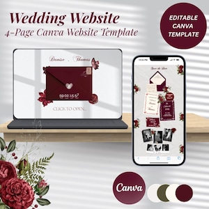May include: A digital wedding website template displayed on a laptop and smartphone. The template features a burgundy envelope design with floral accents and the text "Wedding Website 4-Page Canva Website Template". The smartphone shows wedding invitation designs.