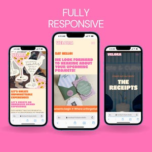 May include: Three smartphones on a bright pink background display a website titled VELORA. The screens show various layouts including a cocktail party invitation, a contact page with envelopes, and a portfolio section titled THE RECEIPTS.