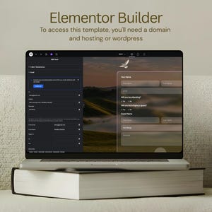 May include: A laptop displaying a website form design, with the text "Elementor Builder" at the top. The screen shows fields for email, name, and event details. The laptop rests on a thick book.