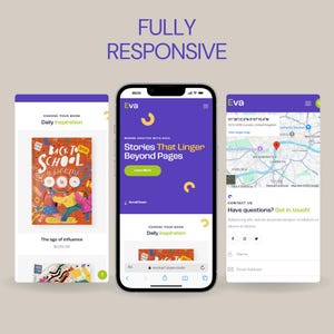 May include: A mobile phone displays a website interface with the text "FULLY RESPONSIVE." The interface showcases a book cover, map, and contact form. The website's color scheme is purple and white.