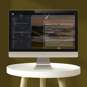 May include: A desktop computer displaying an online form with fields for name, email, and guest information. The screen shows a form design interface on the left and a preview of the form on the right. The computer is on a white table.