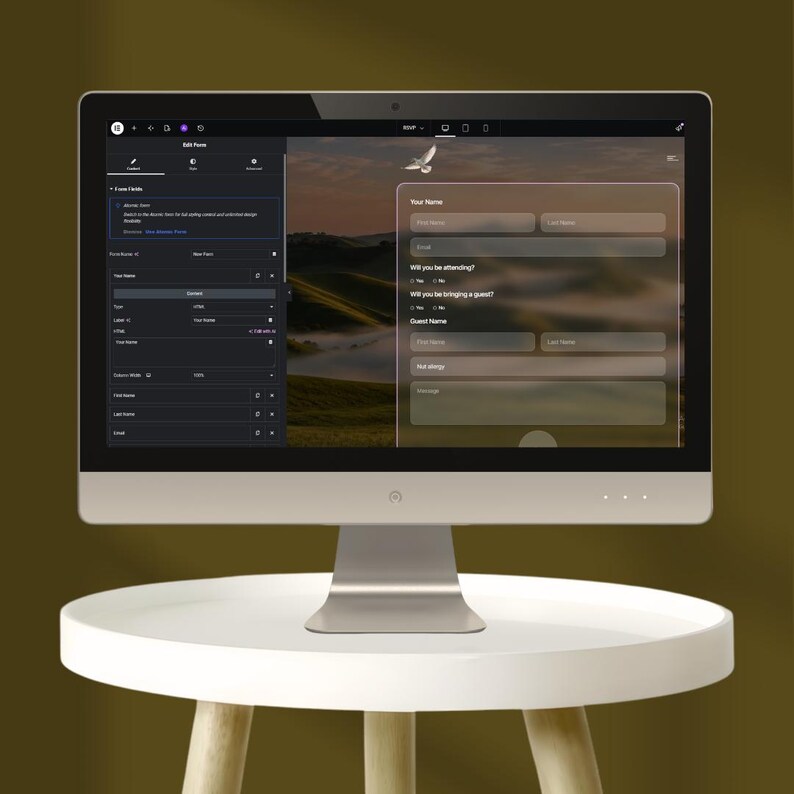 May include: A desktop computer displaying an online form with fields for name, email, and guest information. The screen shows a form design interface on the left and a preview of the form on the right. The computer is on a white table.