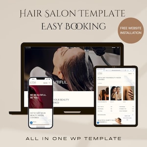 Könnte beinhalten: Digitales Mockup einer Friseursalon-Website-Vorlage, die auf einem Laptop, Tablet und Smartphone angezeigt wird. Die Website zeigt Bilder von Haarbehandlungen und den Text "Hair Salon Template Easy Booking". Auf dem Telefonbildschirm steht "Be Beautiful, Be You".