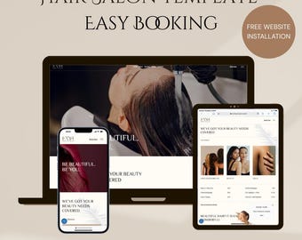 May include: A digital mockup of a hair salon website template displayed on a laptop, tablet, and smartphone. The website features images of hair treatments and the text "Hair Salon Template Easy Booking". The phone screen reads "Be Beautiful, Be You".