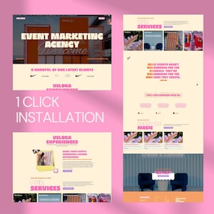 May include: A digital website template for an event marketing agency named Velora, featuring a light cream background with bold pink typography. The layout includes sections for services, client logos, testimonials, and project galleries with imagery.