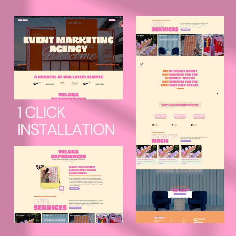 May include: A digital website template for an event marketing agency named Velora, featuring a light cream background with bold pink typography. The layout includes sections for services, client logos, testimonials, and project galleries with imagery.