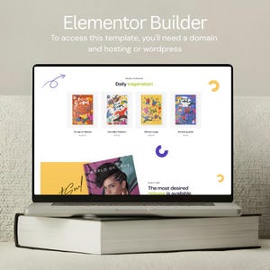 May include: A laptop displaying a website with the text "Elementor Builder" and "Daily Inspiration." The screen showcases book covers with titles like "The Age of Influence" and "One Million Followers." A large book supports the laptop.