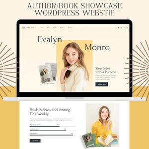 May include: A laptop screen displays a website design for an author, featuring the name "Evalyn Monro" and the tagline "Storyteller with a Purpose." The design includes images of books and a woman, with text "Fresh Stories and Writing Tips Weekly."
