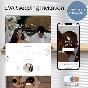 Puede incluir: Un diseño digital de invitación de boda que se muestra en una computadora portátil y un teléfono inteligente. La pantalla de la computadora portátil muestra un sitio web con fotos de una pareja y temporizadores de cuenta regresiva. El teléfono inteligente muestra un diseño similar. El diseño incluye el texto "EVA Wedding Invitation".