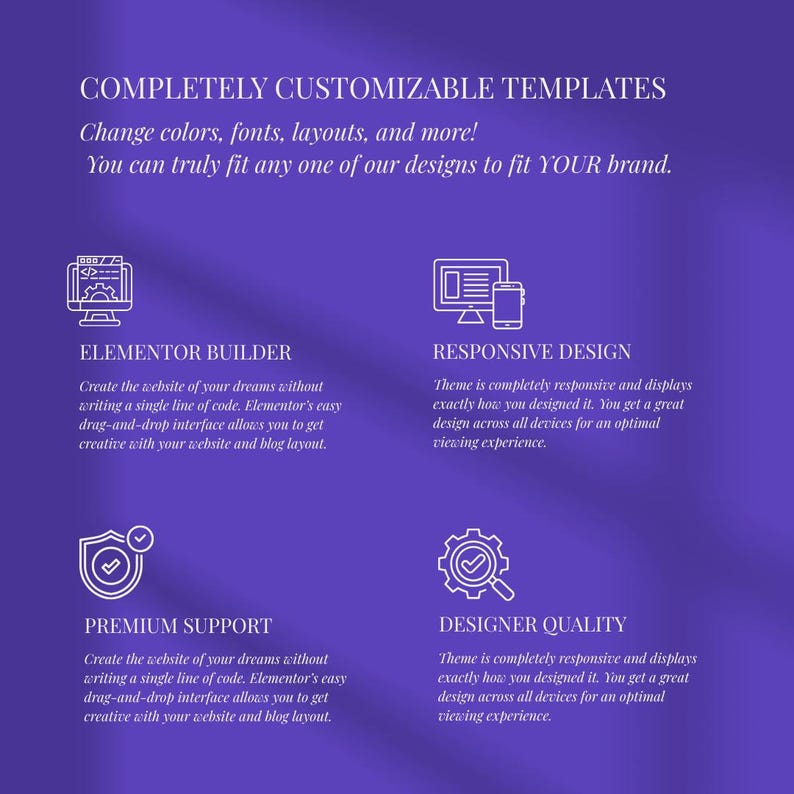 May include: A purple graphic with white text and icons promoting customizable website templates. The text includes "COMPLETELY CUSTOMIZABLE TEMPLATES" and "Change colors, fonts, layouts, and more!" with descriptions of Elementor Builder, Responsive Design, Premium Support, and Designer Quality.