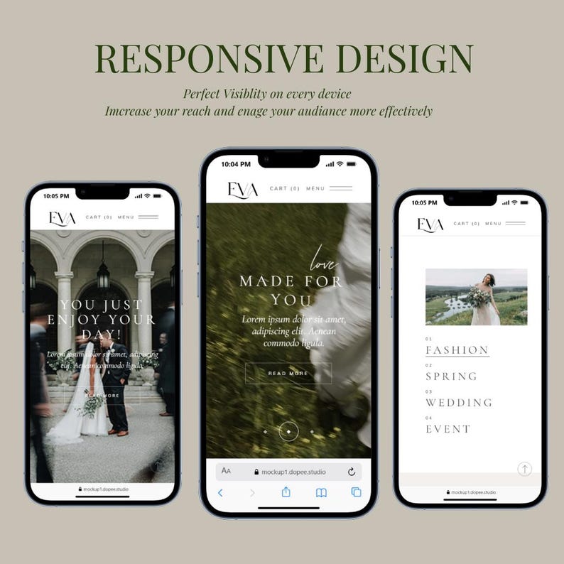 May include: Three smartphones showing a website design. The text "RESPONSIVE DESIGN" is at the top. The website showcases wedding-related content, including images and text like "YOU JUST ENJOY YOUR DAY!" and "MADE FOR YOU."