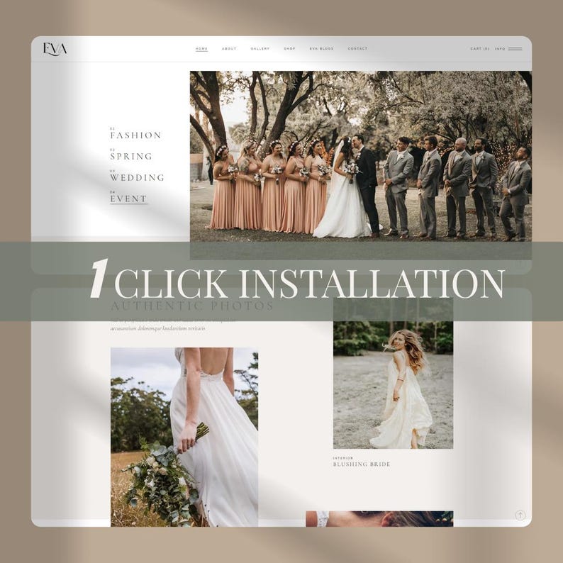 May include: A website mockup showcasing wedding photography. The top section features a wedding party with a bride and groom, bridesmaids, and groomsmen. Text on the left reads "Fashion, Spring, Wedding, Event." The phrase "1 Click Installation" is also visible.
