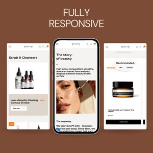 May include: Three mobile phone screens displaying a skincare website. The screens show product listings, a beauty story, and a recommended product. The website features the brand name "EVALYN" and the text "FULLY RESPONSIVE".
