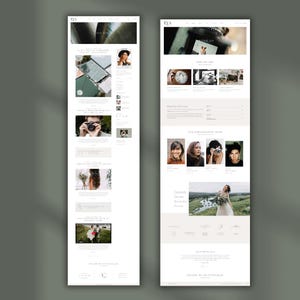 May include: Two website mockups against a grey backdrop. The left mockup displays a blog layout with images and text. The right mockup presents a photography website with sections for 'Who We Are' and 'Our Photography Team'.