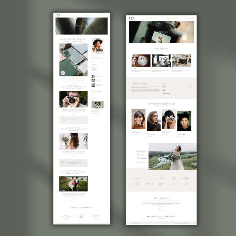 May include: Two website mockups against a grey backdrop. The left mockup displays a blog layout with images and text. The right mockup presents a photography website with sections for 'Who We Are' and 'Our Photography Team'.