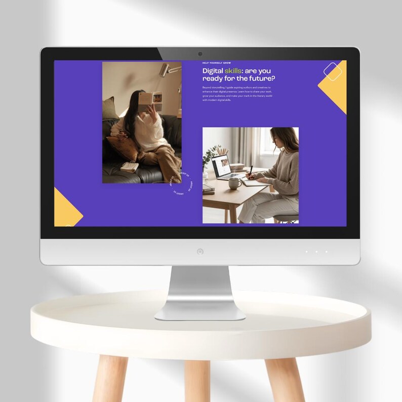 May include: A modern computer monitor displays a presentation with the text "Digital skills: are you ready for the future?" The screen shows images of people using laptops and taking notes. The monitor sits on a white table.