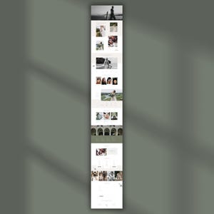May include: A vertical website mockup with a clean, minimalist design. The website features a series of images and text blocks, with a neutral colour palette. The content suggests a wedding or photography business, with images of couples and bridal details.