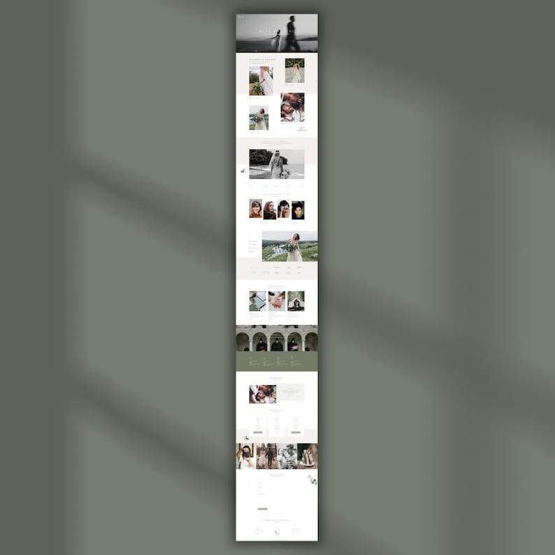 May include: A vertical website mockup with a clean, minimalist design. The website features a series of images and text blocks, with a neutral colour palette. The content suggests a wedding or photography business, with images of couples and bridal details.