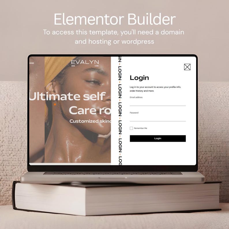 May include: A laptop displaying a website login page with the text "Login" and fields for email and password. The screen also shows the text "Ultimate self Care ro Customized sking" and the brand name "EVALYN". The laptop is resting on a thick book.
