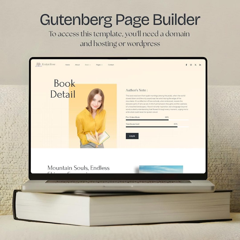 Pu&ograve; includere: Un laptop che mostra un modello di sito web con il testo "Book Detail" e "Author's Note". Il laptop &egrave; aperto sopra un libro spesso. Il testo "Gutenberg Page Builder" &egrave; nella parte superiore dell'immagine.