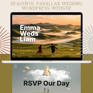 Könnte beinhalten: Ein Laptop zeigt ein Hochzeitswebsite-Design mit dem Text "Emma Weds Liam" vor einer Landschaft. Die Website enthält auch einen RSVP-Bereich mit dem Text "RSVP Our Day". Das Design umfasst dekorative Elemente und den Text "BEAUTIFUL PARALLAX WEDDING WORDPRESS WEBSTIE".