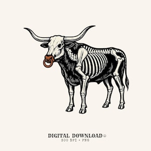 Bull Bones PNG Halloween Cowboy Gift Ink Digital Download Cow Skull Printable Horror Fan Tattoo PNG Rodeo Graphic Retro Head