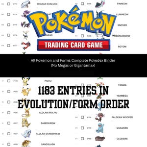 Op de afbeelding: Een pagina uit een ringband met het "Pokémon"-logo en de tekst "Trading Card Game". Het toont verschillende Pokémon-personages met hun nummers. De tekst "1183 Entries in Evolution/Form Order" is ook zichtbaar.