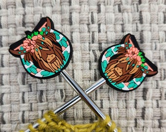 Stitch Stoppers, Knitting Needle Point Protectors, Knit Notion, Knit Supplies, Gift for Knitter, Highland Cow Floral Stitch Holder