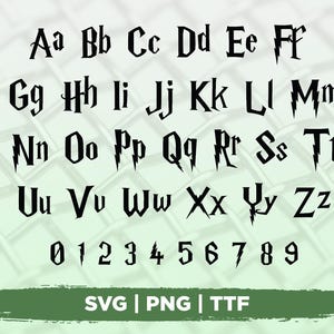 Puede incluir: Alfabeto y números negros estilizados en una fuente con acentos de rayos. Incluye letras mayúsculas y minúsculas, y los números 0-9. La imagen también incluye el texto "SVG | PNG | TTF".