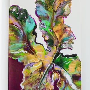 Tableau abstrait “Forêt Enchantée” – Dutch Pouring unique 12x24 pouces – Art fluide avec tons verts et prune