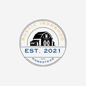 May include: Circular logo with a black barn illustration, featuring a roof, doors, and windows. The text "RUSTIC IRONWOOD" arches around the top, with "EST. 2021" below the barn, and "HOMESTEAD" at the bottom. The design is in black, blue, and gold.