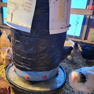 May include: A chicken waterer with a black plastic reservoir and a white top. The waterer is surrounded by chickens in a coop. The waterer has red nipples for the chickens to drink from.