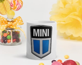 Old Mini Cooper Blue Logo White Glossy Mug