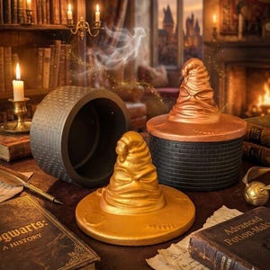 May include: A gold-colored Sorting Hat replica, with a matching container, sits on a table with a book and a quill. A dark gray cylindrical container is open next to the hat. The scene is set in a library with candles and books.