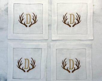 Linen Embroidered Antler Initial Cocktail Napkins, set of 4