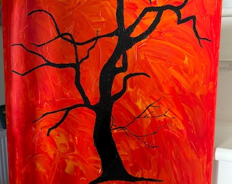 Tree on Red Impasto Painting/Textured Natured Canvas / Palette Knife Art