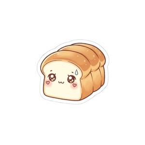 May include: A sticker featuring a cartoon loaf of bread with a cute, worried expression. The bread is light brown with a white interior, and the cartoon has blushing cheeks and heart-shaped accents.