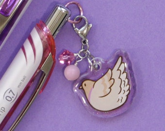 Pigeons Pen with Charm - Cinnamon Pidge - 1" acrylic charm with detachable clasp and gel pen, cute bird stationery, pastel cute bird charm