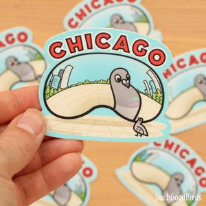 Chicago Bean com Pombo - Adesivo de Vinil de 3" - adesivo fofo, lembrança de Chicago, o Bean, Cloud Gate, marco icônico de Chicago
