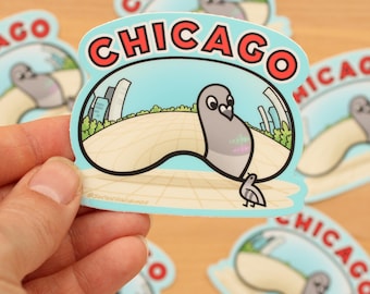 Chicago Bean with Pigeon - vinylsticker 3" - schattige sticker, Chicago-souvenir the Bean, Cloud Gate, iconisch monument in Chicago