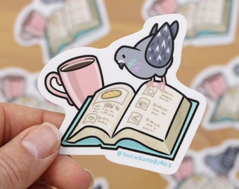 Pigeon Reading Book w Coffee - 3" Vinyl Sticker - cute kawaii bird sticker, gifts for bird lover, book lover, city pigeons, coffee sticker