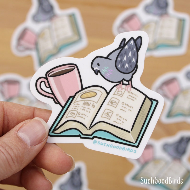 Pigeon Reading Book w Coffee 3 Vinyl Sticker cute kawaii bird sticker, gifts for bird lover, book lover, city pigeons, coffee sticker image 1
