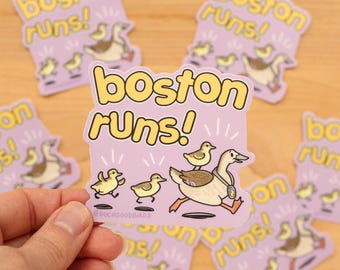 Boston Runs - 3" Vinyl Sticker - cute bird - New England souvenir - Boston Massachusetts - colonial history sticker - marathon runner medal